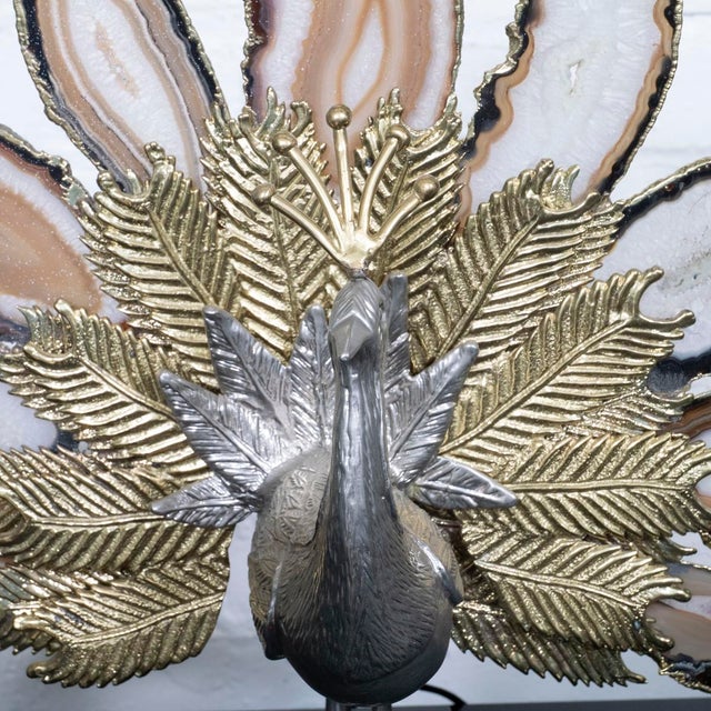 Brass and agate peacock sculpture with lights For Sale - Image 9 of 11