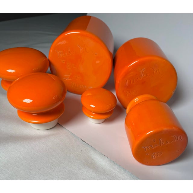 Orange Vintage Mid Century Modern Bright Orange Apothecary Lidded Jars, Set of 3 For Sale - Image 8 of 9