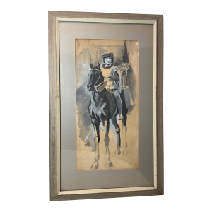 1940s Original Equestrian Horse With Cheetah Black and White Acrylic Painting