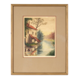 "Sur La Rivière (Marne)" - On the River Marne - Hand Colored Lithograph by Charlot