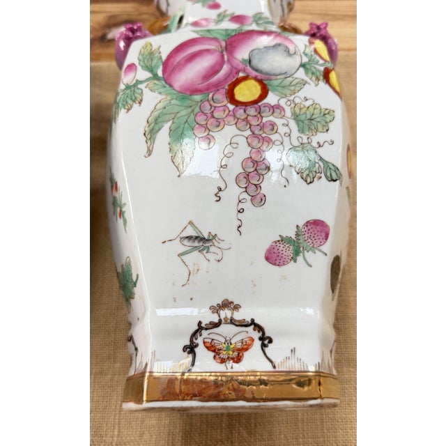 Pair of Famille Rose Vases Pomegranate Handles For Sale - Image 9 of 13