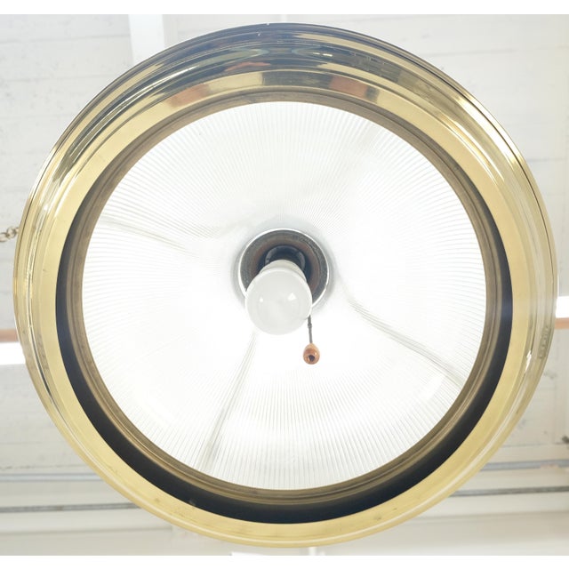 Pair of Round Brass Ribbed Glass Long Chain Light Fixture Pendants MCM For Sale - Image 10 of 12
