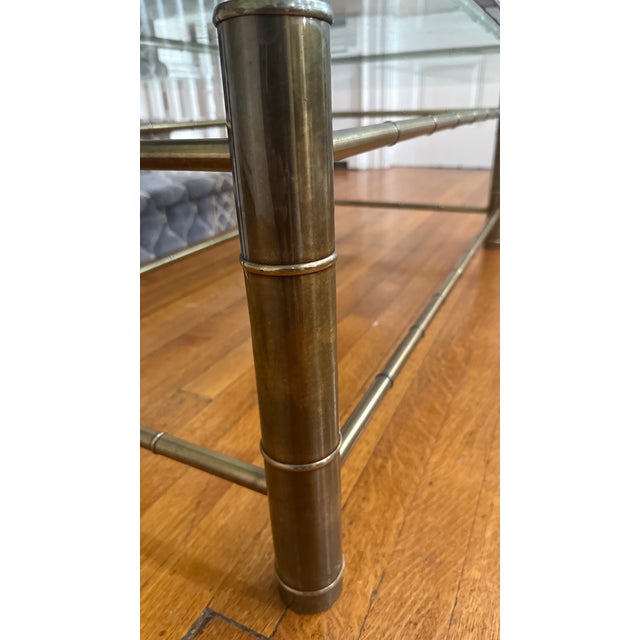 Hollywood Regency 1970s Faux Bamboo Brass Attributed to Mastercraft Coffee Table With Beveled Glass For Sale - Image 3 of 14