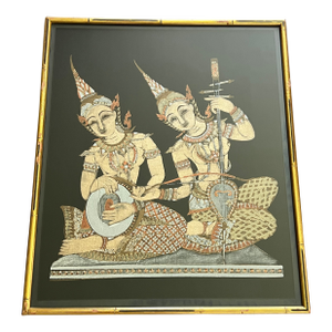 1960s Rare Mid-Century Thai Temple Rubbing – Gallery Framed, Handmade Metallic Textile Art of Celestial Musicians