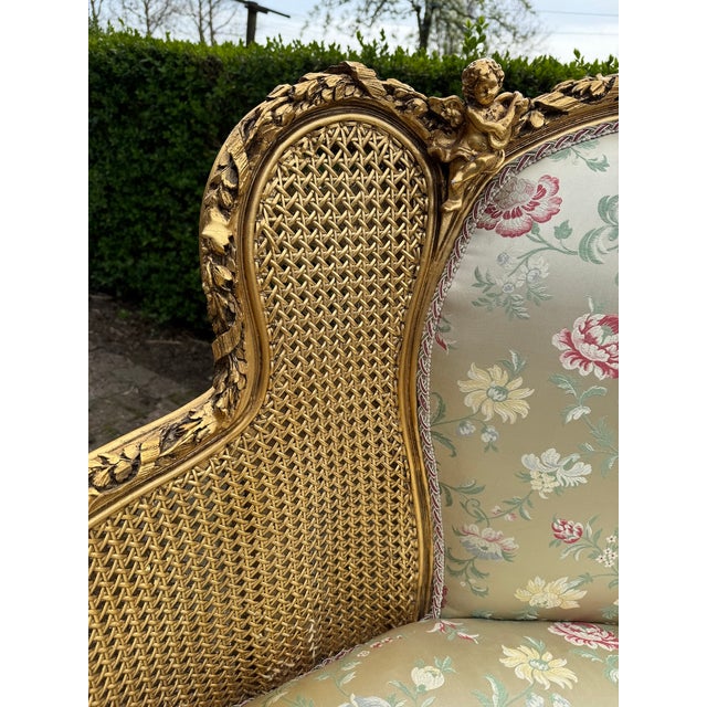 1960 French Louis XVI Gold Beech Damask Settee 1pc For Sale - Image 4 of 13