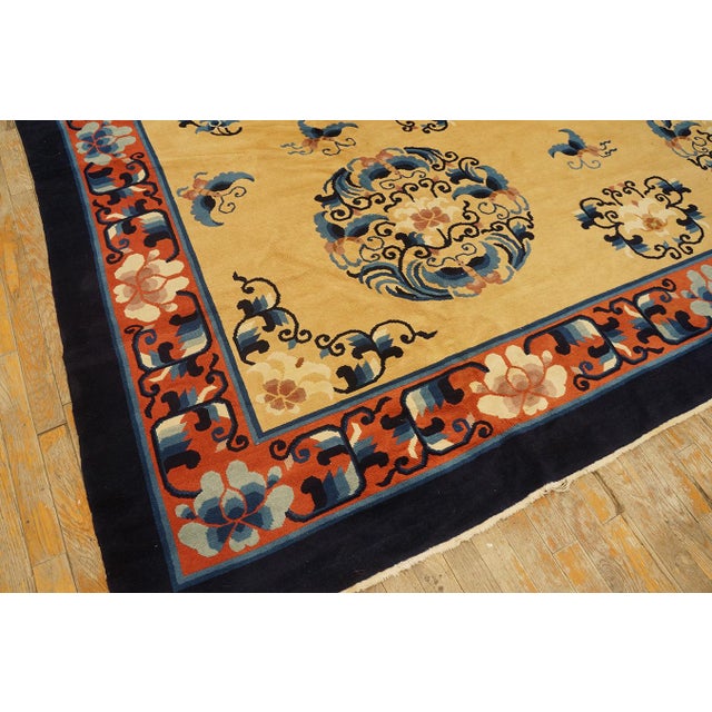 1980s Beige Medallion Vintage Modern Chinese Peking Carpet 9'4" X 12'3" Knotted Wool Rug For Sale - Image 12 of 12