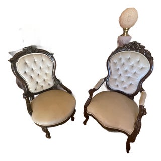 Victorian Revival Carved Wood & Tufted Upholstered Parlor Chairs – Pair For Sale