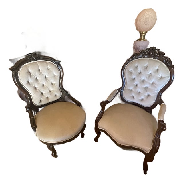 Victorian Revival Carved Wood & Tufted Upholstered Parlor Chairs – Pair For Sale