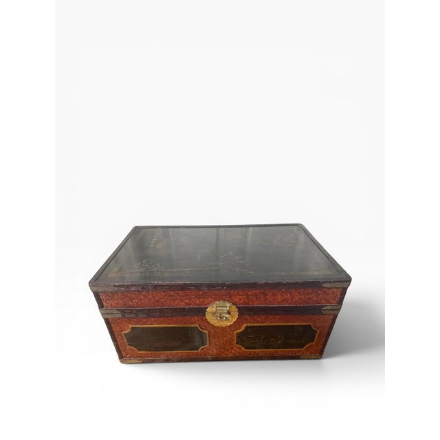 Wood Handmade Attributed Maitland-Smith Chinoiserie Bamboo Trunk Chest With Hand-Painted Panels For Sale - Image 7 of 12