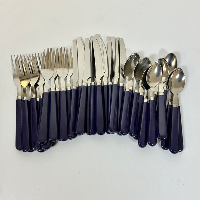 1970s Vintage Contemporary Boho Chic Navy Stainless Steel Flatware - Set of 36, Service for 12 For Sale - Image 4 of 10