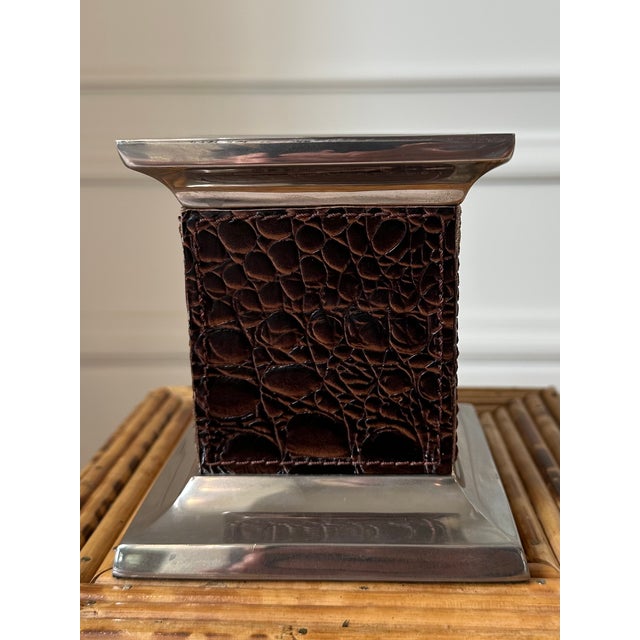 Vintage Leather and Silverplate Ralph Lauren Style Pillar Candleholder For Sale - Image 18 of 18