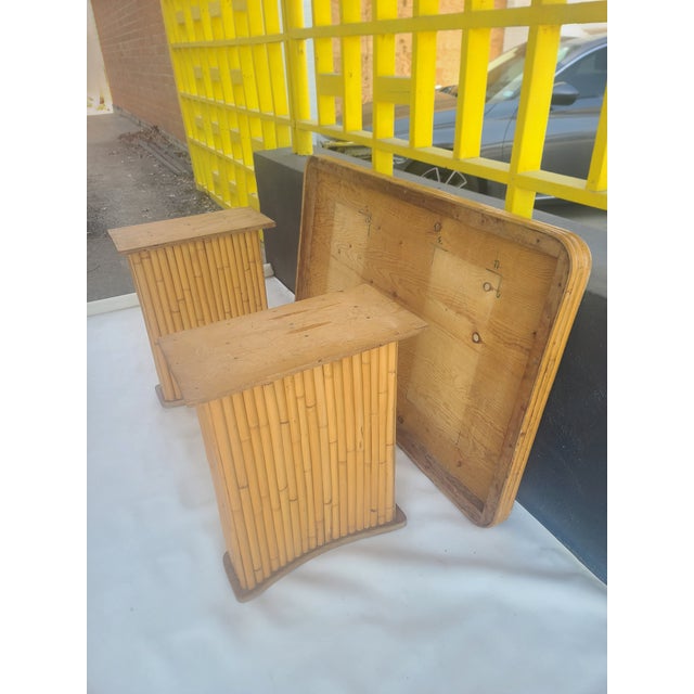 Wood Vintage Rattan Patio Table With Curved Pedestal Bases, Attributed For Sale - Image 7 of 11