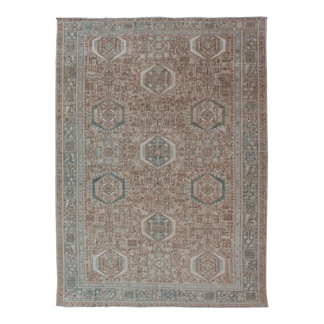 Vintage Persian Heriz Rug With All-Over Medallion Design in Tan and Blues 9'4 X 12'10 For Sale