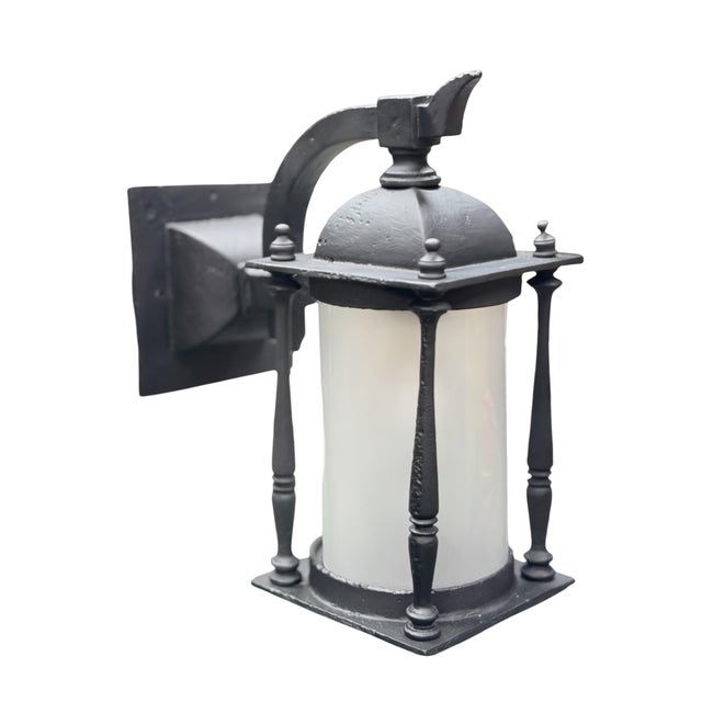 1910s 1910s Outdoor Exterior Porch Light Wall Sconce in Cast Iron With Frosted Glass Cylinder Shade and Black Enamel Paint Mission Spanish For Sale - Image 5 of 11