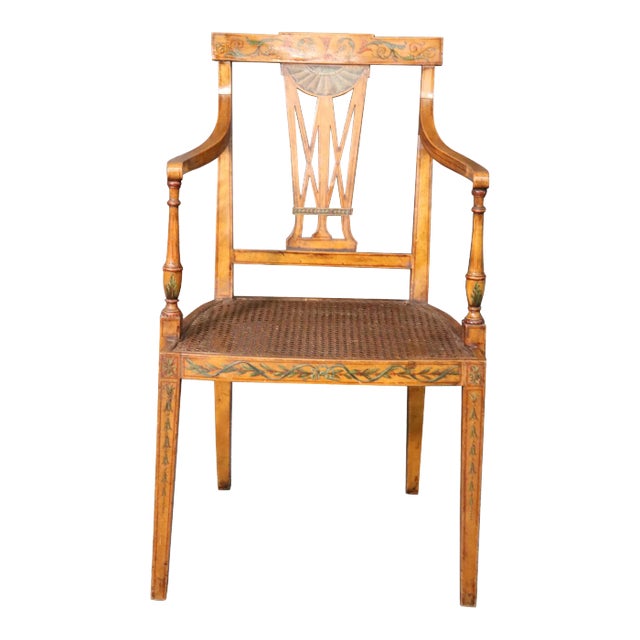 Fine Quality Paint Decorated English Satinwood Adams Cane Armchair Circa 1920 For Sale