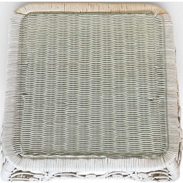 Vintage Boho Chic White Wicker Scrolled Side Tables With Glass Tops - A Pair For Sale In Portland, ME - Image 6 of 13