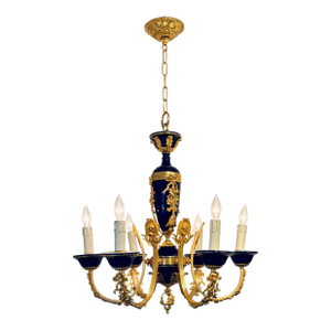 Myran Allan Luxury Lighting Italian 24k Gold Finish and Blue Porcelain Chandelier