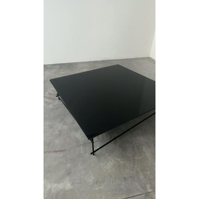 Minimalist Black Glass Coffee Table with Industrial Metal Base For Sale - Image 10 of 11