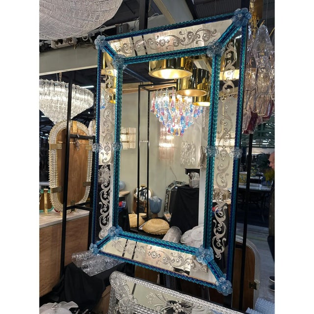 Venetian Blue Mirror with Hand-Carved Murano Glass Frame by Simoeng for Simoeng For Sale - Image 4 of 8