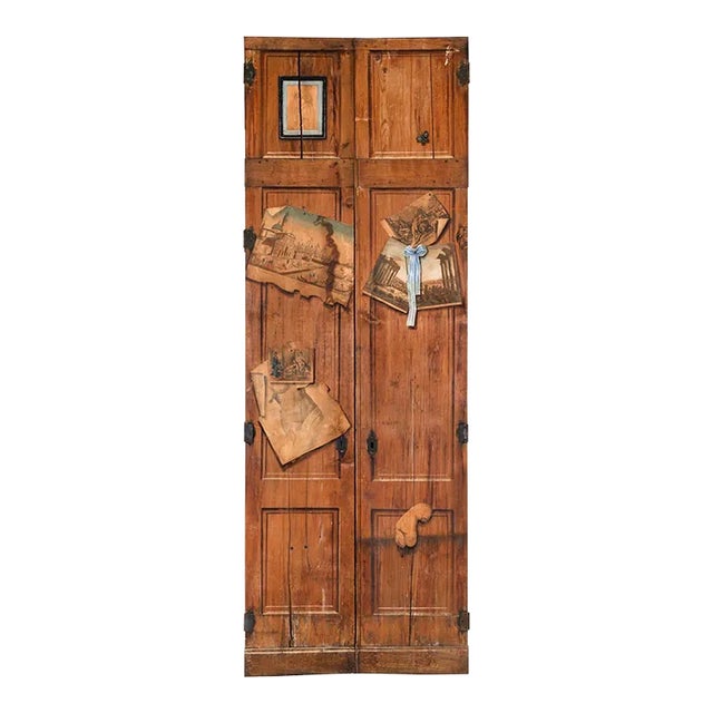 Pair of French Worn Pine Decoupage & Trompe l'Oeil Doors For Sale