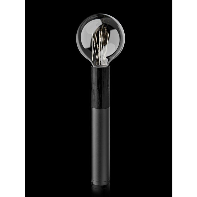 Table lamp with black wood and black paint structure. European Plug (up to 250V).