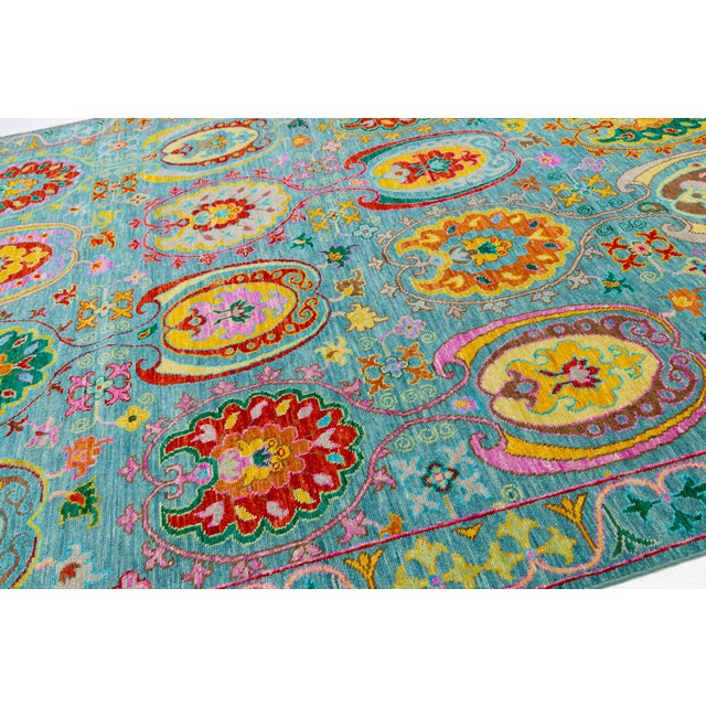 Contemporary Vibrant Oushak-Style Hand-Knotted Turquoise & Jewel-Tone Wool Rug For Sale - Image 4 of 12