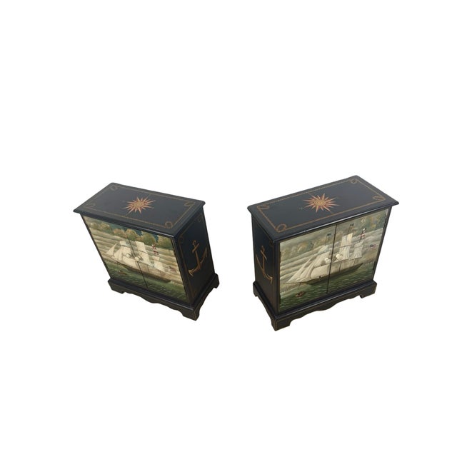 Late 20th Century Pair of Hand-Painted Nautical Cabinets, Clipper Ship & Compass Rose Design For Sale - Image 5 of 18