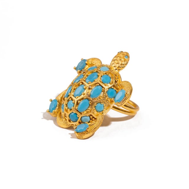 Protective Turtle Turquoise & Gold Chunky Adjustable Ring, Size 8 For Sale - Image 4 of 6