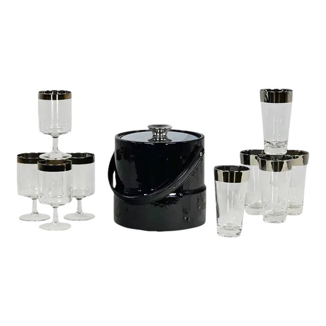 Mid-20th Century MCM Dorothy Thorpe Allegro Style Silver Banded Set 5 Tumblers 4 Stems With Black Kraftware Ice Bucket For Sale