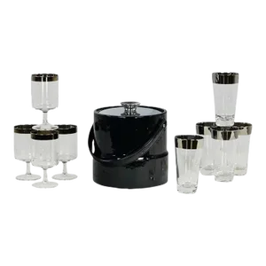 Mid-20th Century MCM Dorothy Thorpe Allegro Style Silver Banded Set 5 Tumblers 4 Stems With Black Kraftware Ice Bucket