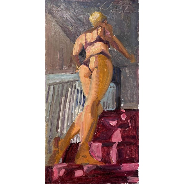 Following? by Clyde Steadman | Oil on wood panel of a figure ascending stairs in lingerie. For Sale