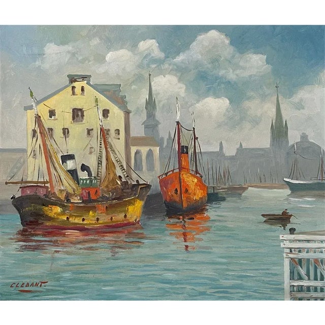 Framed Mid-Century Modernist Oil Painting by Clebant is a colorful example of the genre, with a peaceful harbor scene...