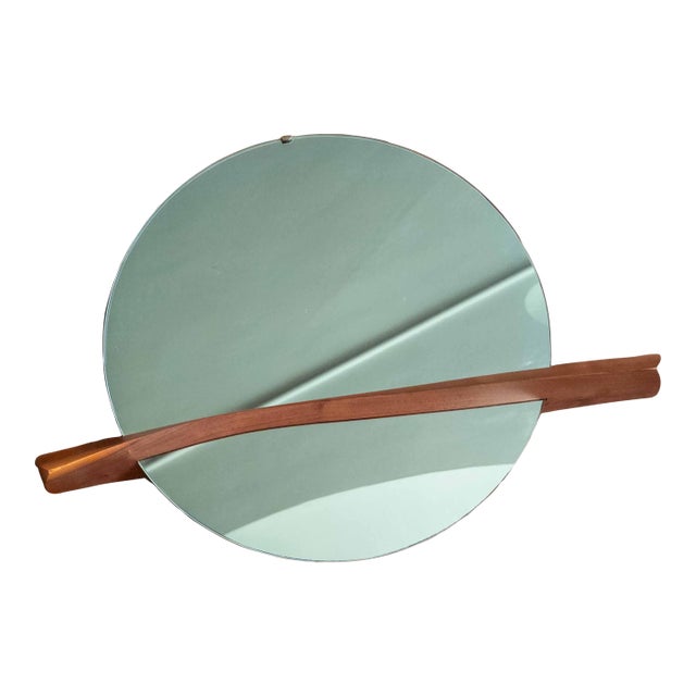 Mid-Century Modern Round Mirror With Sculptural Carved Walnut Accent For Sale