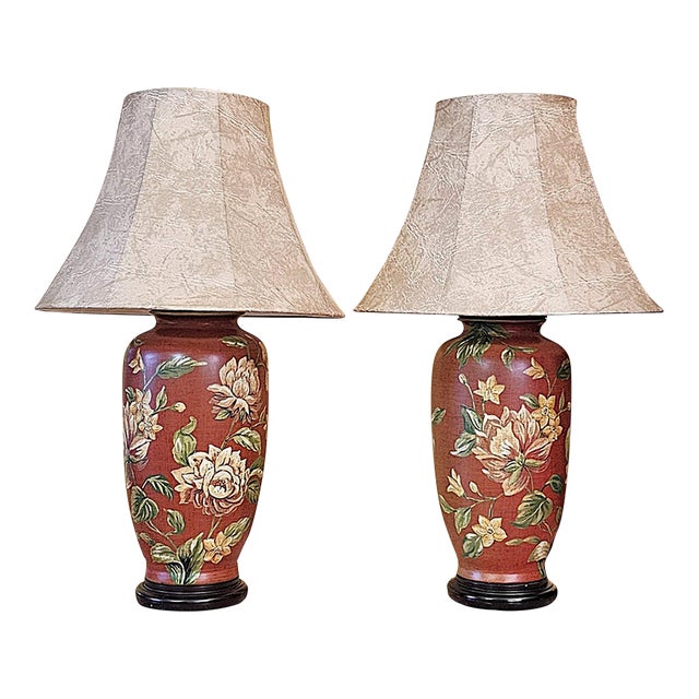 Vintage Burgundy Floral Chinoiserie Ceramic Ginger Jar Table Lamps With Shades - Pair For Sale