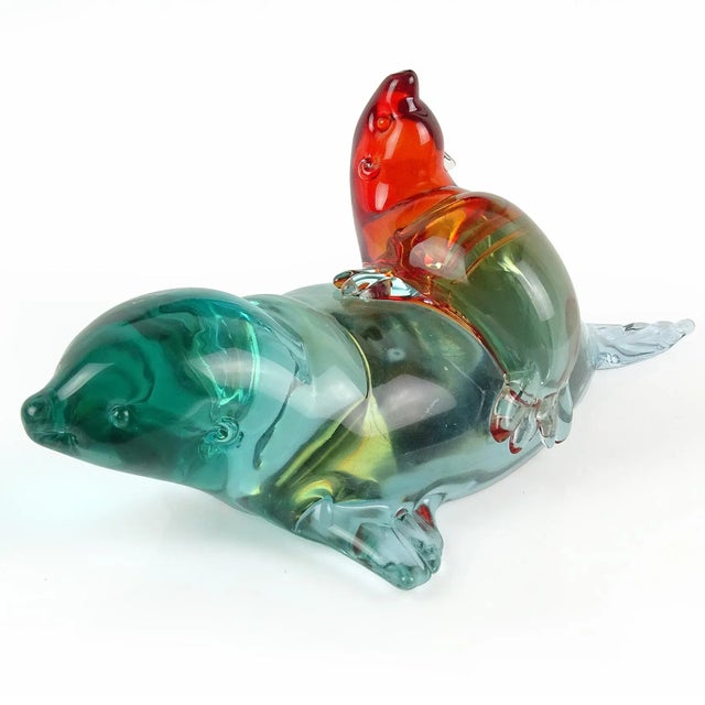 Blue Vintage Murano Seguso Vetri d'Arte Sommerso Red Aqua Blue Purple Italian Art Glass Mom Baby Seals Sculpture For Sale - Image 8 of 11