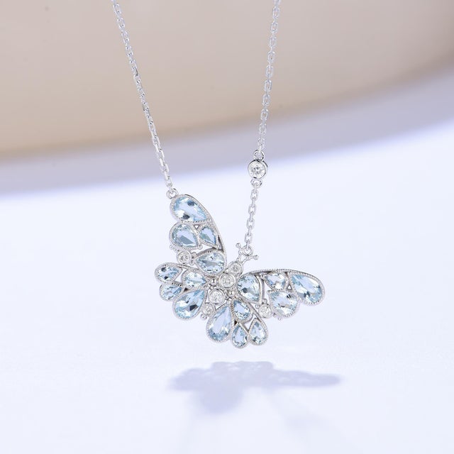 Nina Zhou Jewelry Nina Zhou Aquamarine Diamond Butterfly Pendant Necklace in 14k White Gold For Sale - Image 4 of 10