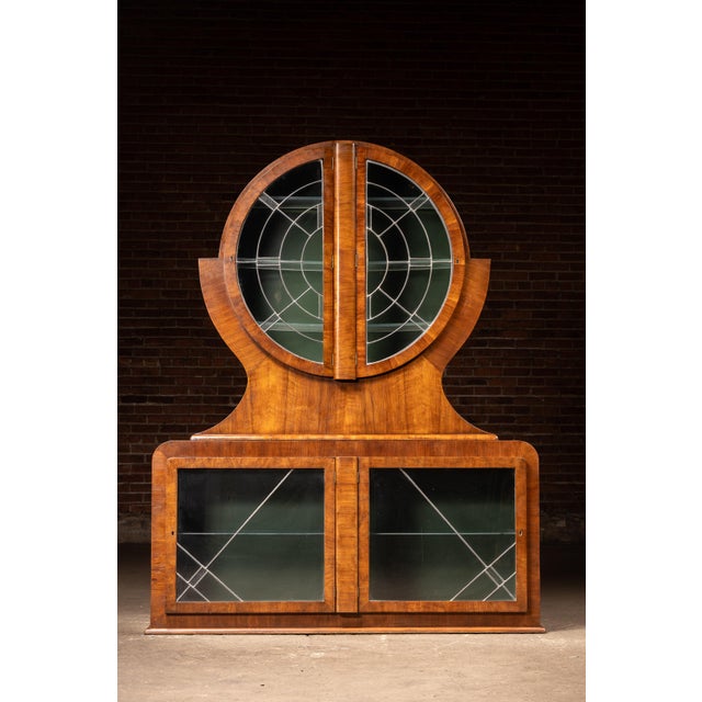 Art Deco 1930s Circular Art Deco Liquor Cabinet With Leaded Glass Doors For Sale - Image 3 of 18