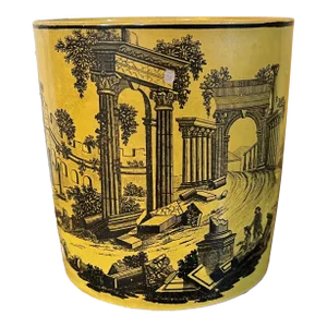 Large Antique Early 19th Century French Yellow Creil Tankard or Porter's Mug Decorated With Grand Tour Landscape of Classical Ruins