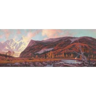 Passing Through by Mark Harrison | Oil on canvas Landscape with mountains and a river at sunset For Sale