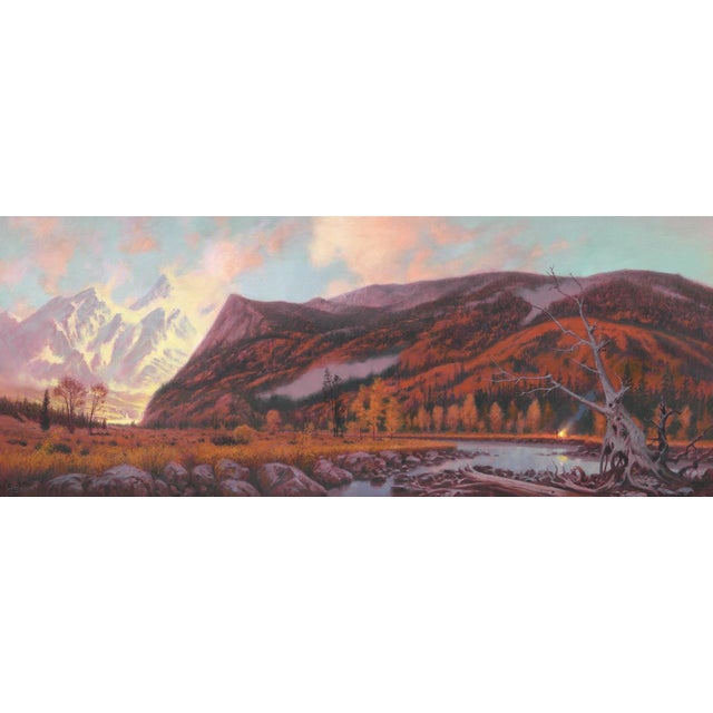 Passing Through by Mark Harrison | Oil on canvas Landscape with mountains and a river at sunset For Sale
