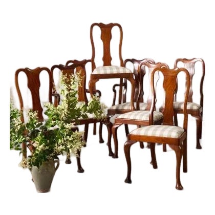 Set of 8 | Walnut Queen Anne Style Dining Chairs (C. 1930) With Newly Upholstered Gingham Cushions For Sale