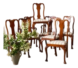 Set of 8 | Walnut Queen Anne Style Dining Chairs (C. 1930) With Newly Upholstered Gingham Cushions