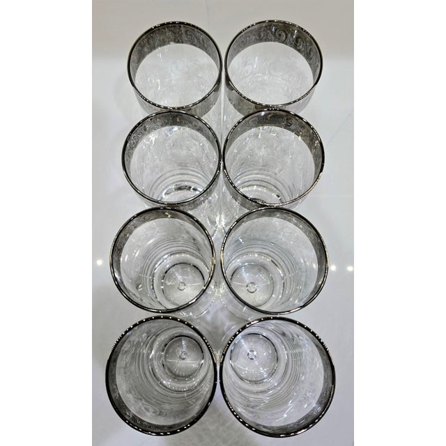 Vintage Etched Floral Highball Glasses With Silver Overlay Scroll Rims and Bubble Bases, Set of 8 For Sale In Dallas - Image 6 of 11
