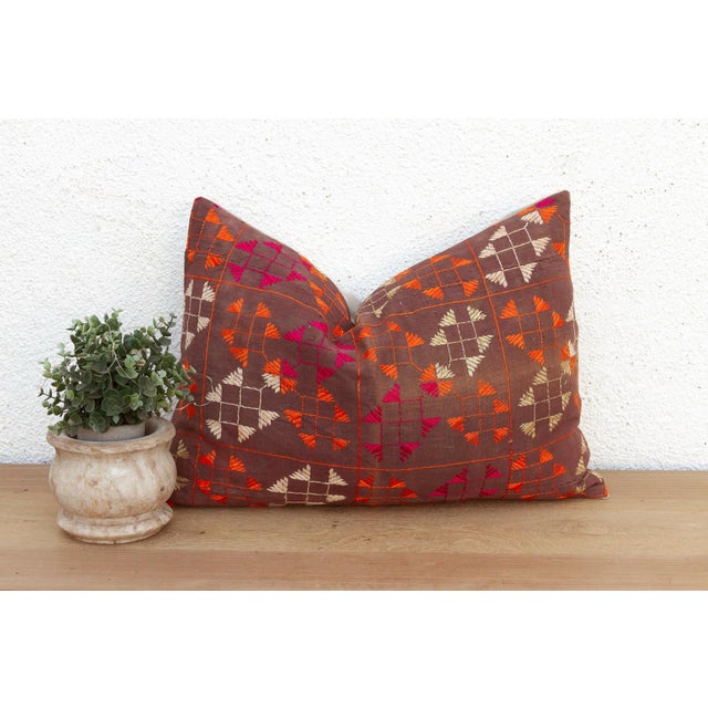 This 16x24 inch lumbar pillow is a breathtaking example of Antique Indian Folk Art, handcrafted from a salvaged Punjabi...