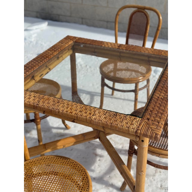 1970s Palm Beach Style Rattan Dining Set With Glass Top Table and Four Cane Back Chairs For Sale In Philadelphia - Image 6 of 12