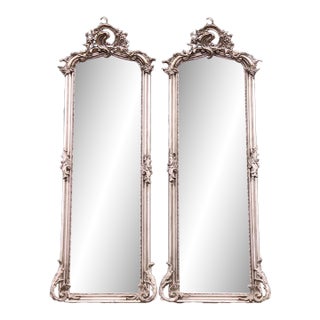 Late 20c Rococo Silver Finish Floor Mirrors – 2 Pc For Sale