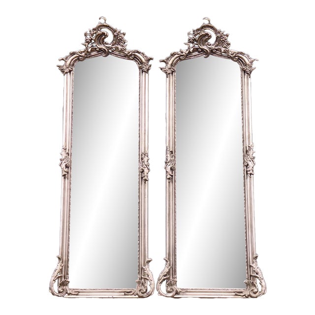Late 20c Rococo Silver Finish Floor Mirrors – 2 Pc For Sale