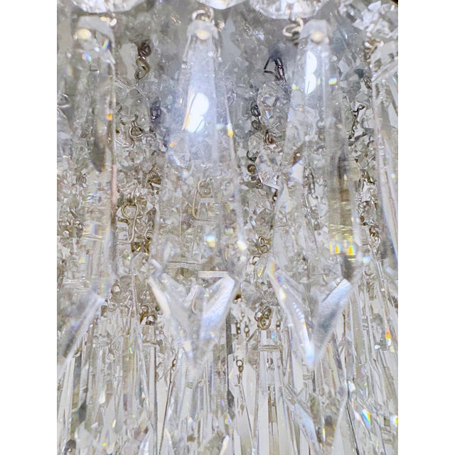 Vintage Hollywood Regency Floral Embossed Brass Tiered Waterfall Crystal Flush Mount Chandelier For Sale In New York - Image 6 of 7