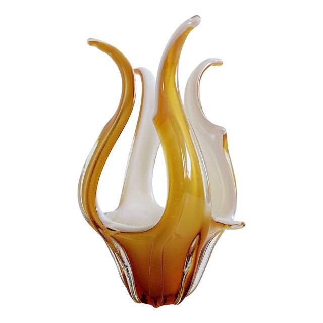 Murano Glass Vase Centerpiece in Amber and Opal White Glass, Italy, 1960s For Sale
