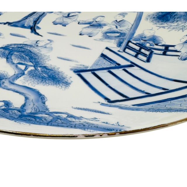 Large 12.5" Chinoiserie Blue & White Porcelain Charger - Hand-Painted "Children at Play" Motif - Vintage 1980s Macau Export Art For Sale In Tampa - Image 6 of 9